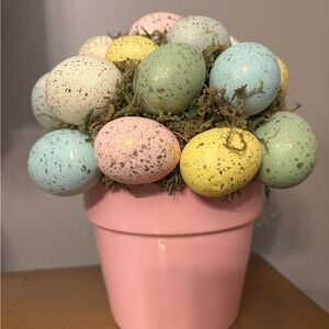 NWT Home Decor Speckled Pastel Easter Egg Arrangement in Solid Pink Ceramic Pot